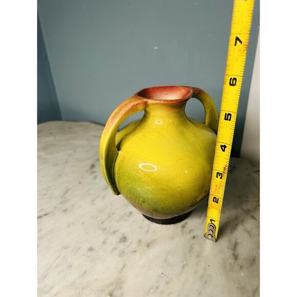 Vintage Art Nouveau Glazed Pottery Squat Floral Vase Loisa ‘62 Green Pink Rose - Picture 3 of 11